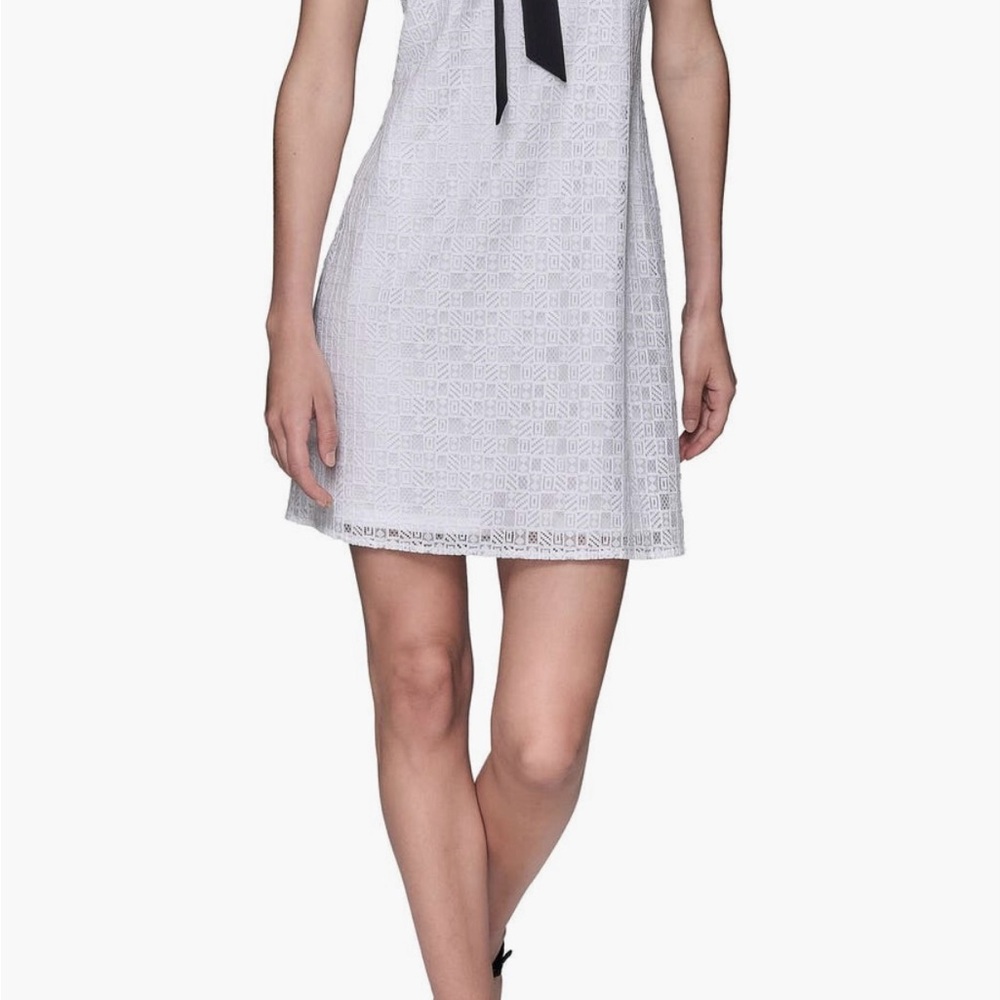 Karl Lagerfeld White Lace Dress with Black Ribbon
